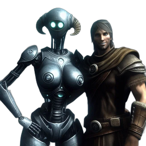 robot, staff, 3d render, concept art, glowing, blue, eyes, human transparent PNG cut-out