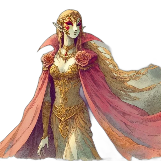dress, mask, crown, concept art, fantasy art, watercolor, pixel art, golden transparent PNG cut-out