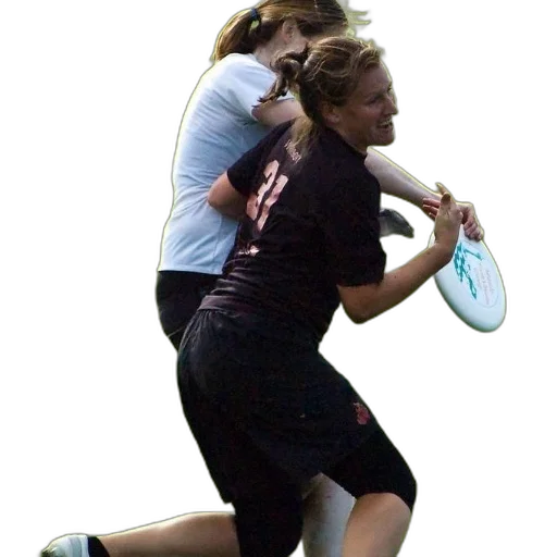 staff, photorealistic, woman, black, shirt, number, holding, frisbee transparent PNG cut-out