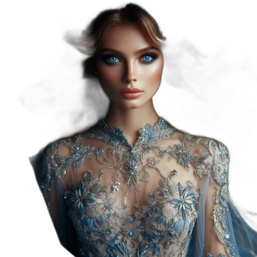 dress, jewelry, face, photorealistic, 3d render, fantasy art, concept art, blue transparent PNG cut-out