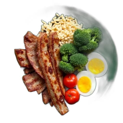 food, photorealistic, 3d render, plate, variety, ingredients, including, meat transparent PNG cut-out