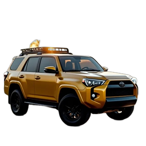 car, 3d render, photorealistic, gold, suv, parked, paved, surface transparent PNG cut-out