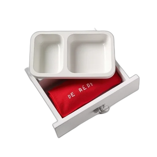 food, jewelry, red, white, tray, three, compartments, open transparent PNG cut-out
