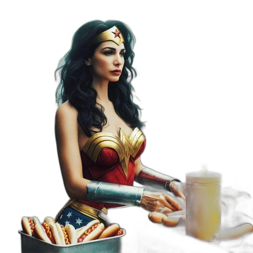food, comic book art, concept art, fantasy art, photorealistic, woman, dressed, wonder transparent PNG cut-out