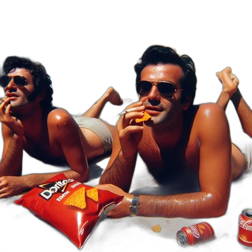 food, photorealistic, concept art, beach, fire, two, men, relax transparent PNG cut-out