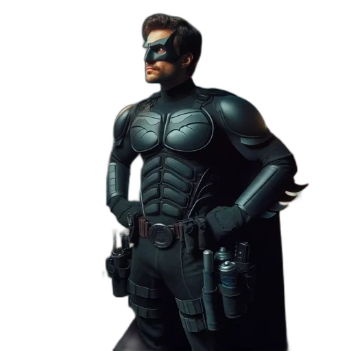 concept art, 3d render, comic book art, man, wearing, black, batman-like, costume transparent PNG cut-out