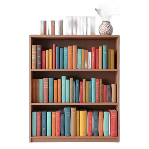 furniture, 3d render, colorful, bookshelf, filled, various, books, different transparent PNG cut-out