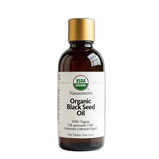 bottle, organic, black, seed, oil, golden, cap, label transparent PNG cut-out