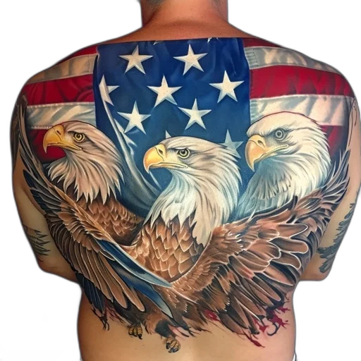 jacket, tattoo, features, three, eagles, person, back, against transparent PNG cut-out