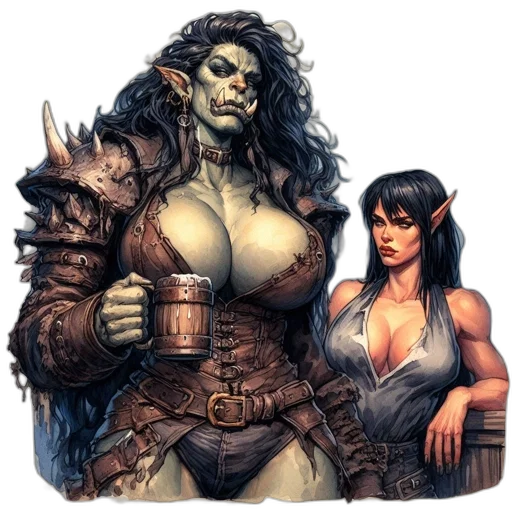 fantasy art, comic book art, concept art, pixel art, two, women, pointed, ears transparent PNG cut-out