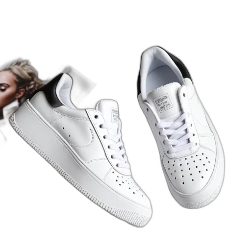 shoes, photorealistic, pair, white, sneakers, black, accents, placed transparent PNG cut-out