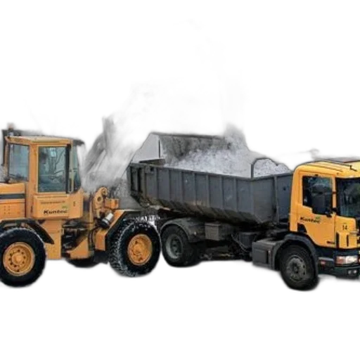 photorealistic, concept art, yellow, front, loader, dumping, snow, into transparent PNG cut-out