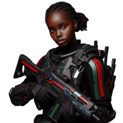 weapon, robot, jacket, face, concept art, cyberpunk, 3d render, photorealistic transparent PNG cut-out