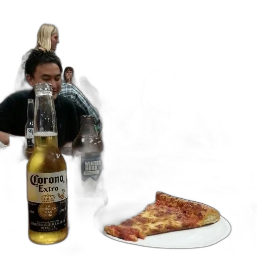 food, bottle, 3d render, fire, woman, eats, pizza, table transparent PNG cut-out