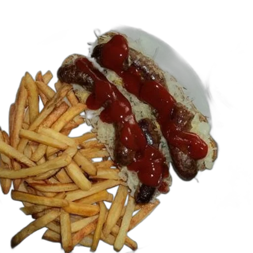 food, crown, robot, 3d render, photorealistic, plate, fries, sausages transparent PNG cut-out