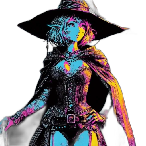 hat, dress, weapon, staff, comic book art, concept art, fantasy art, cyberpunk transparent PNG cut-out