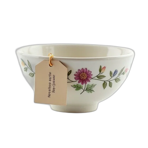 ceramic, bowl, floral, pattern, small, tag, message, displayed transparent PNG cut-out