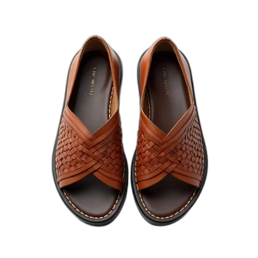 shoes, pair, brown, leather, sandals, woven, pattern, upper transparent PNG cut-out