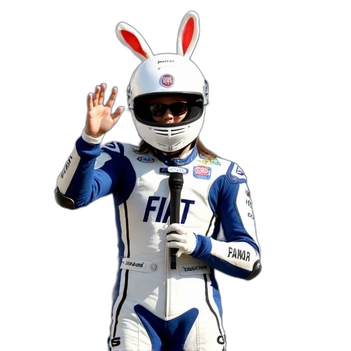 robot, person, wearing, white, blue, racing, suit, word transparent PNG cut-out