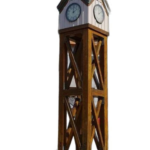 furniture, 3d render, concept art, photorealistic, wooden, clock, tower, stands transparent PNG cut-out