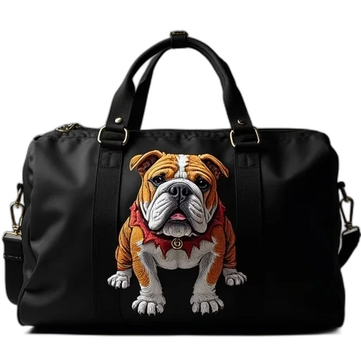 photorealistic, bulldog, mascot, embroidered, black, carryall transparent PNG cut-out