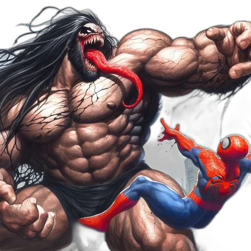 comic book art, concept art, fantasy art, photorealistic, spider-man, faces, off, against transparent PNG cut-out