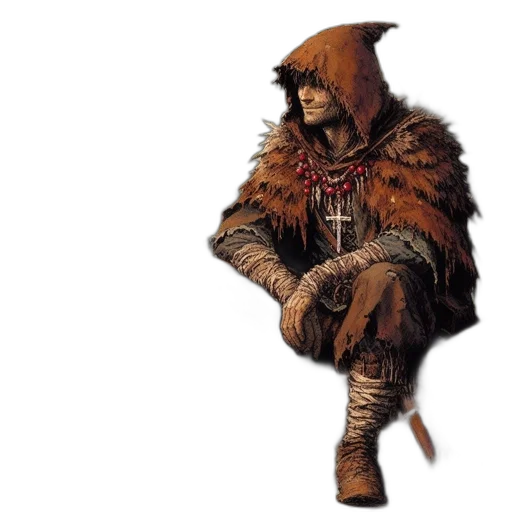 jacket, sword, staff, concept art, fantasy art, comic book art, pixel art, earth tones transparent PNG cut-out