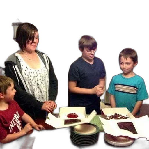 woman, three, boys, stand, around, table, cake, boxes transparent PNG cut-out