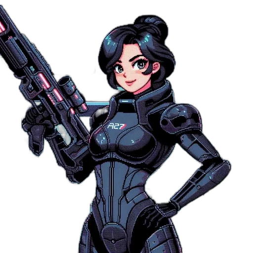 robot, weapon, pixel art, concept art, cartoon, comic book art, futuristic, female transparent PNG cut-out