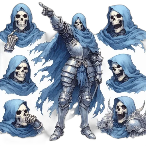 concept art, fantasy art, comic book art, pixel art, blue, monochrome, dark, skeletal transparent PNG cut-out