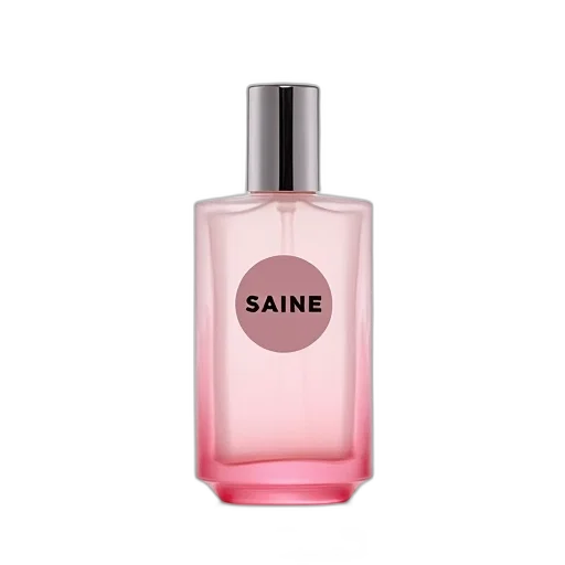 bottle, pink, perfume, silver, cap, circular, label, reads transparent PNG cut-out