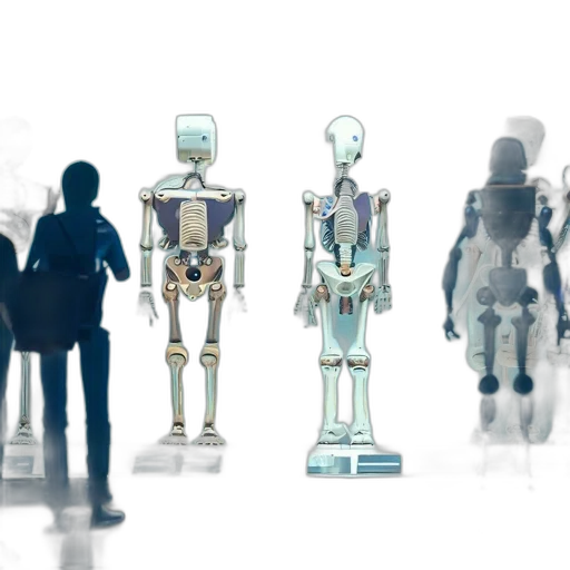 robot, concept art, 3d render, four, diverse, robots, exhibited, against transparent PNG cut-out