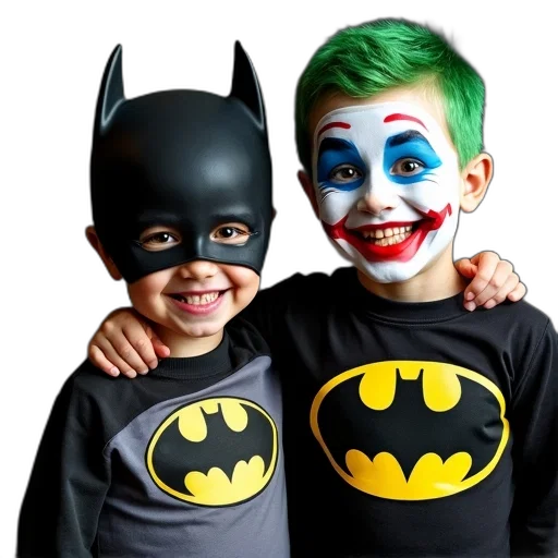 mask, photorealistic, two, children, dressed, costumes, one, wearing transparent PNG cut-out