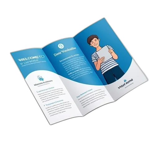 tri-fold, brochure, blue, white, color, scheme, featuring, stylized transparent PNG cut-out