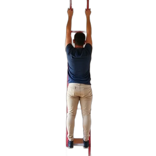 staff, person, standing, red, ladder, hallway, reaching, towards transparent PNG cut-out