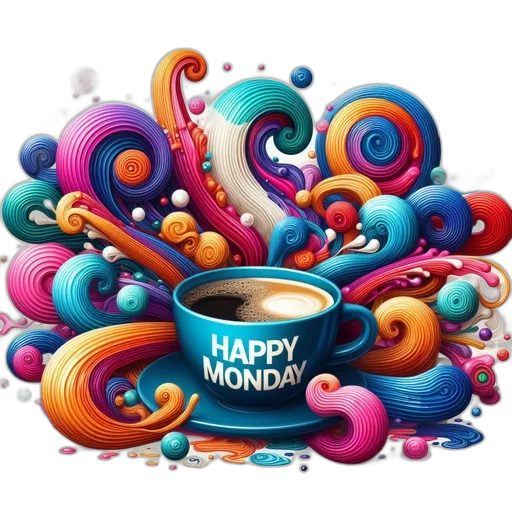 3d render, lively, colorful, illustration, happy, monday, cup, surrounded transparent PNG cut-out
