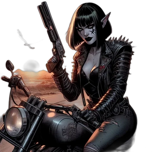 weapon, comic book art, fantasy art, concept art, cyberpunk, gothic-character, sits, motorcycle transparent PNG cut-out