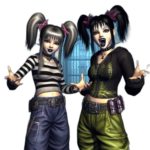 concept art, 3d render, fantasy art, comic book art, two, stylized, goth, girls transparent PNG cut-out