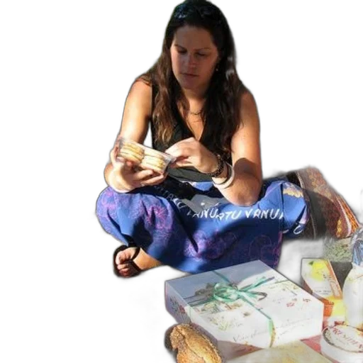 jewelry, photorealistic, oil painting, woman, sits, grass, box, food transparent PNG cut-out
