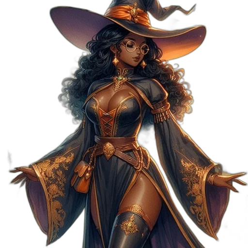 hat, dress, fantasy art, concept art, comic book art, pixel art, golden, dark transparent PNG cut-out