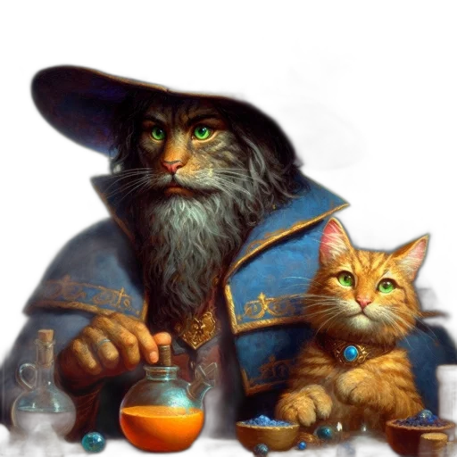 fantasy art, concept art, oil painting, pixel art, fire, cat, beard, green transparent PNG cut-out