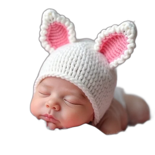hat, photorealistic, 3d render, newborn, bonnet, ears, crocheted, white transparent PNG cut-out