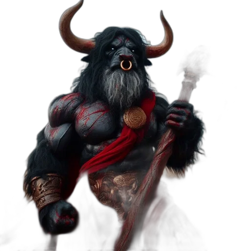 fantasy art, concept art, comic book art, pixel art, dark, minotaur, figure, holds transparent PNG cut-out
