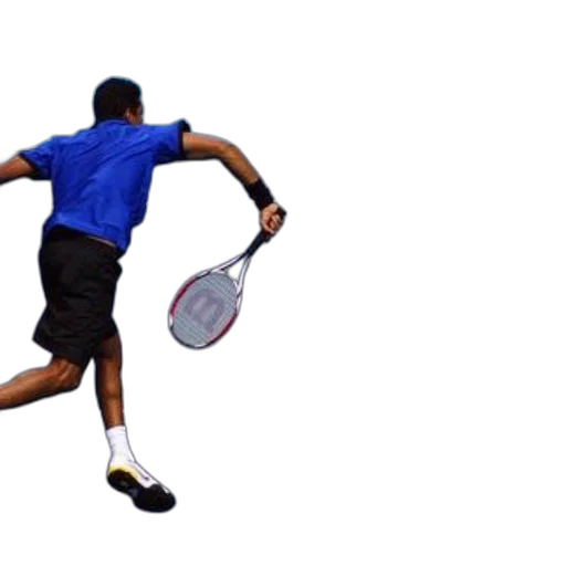 staff, tennis, player, blue, shirt, black, shorts, mid-action transparent PNG cut-out
