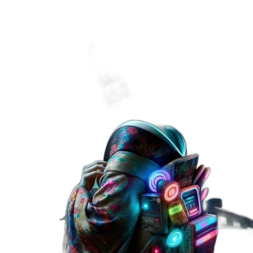 robot, mask, face, weapon, cyberpunk, concept art, fantasy art, vaporwave transparent PNG cut-out