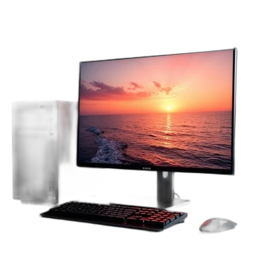 3d render, modern, computer, setup, black, desktop, tower, flat-screen transparent PNG cut-out