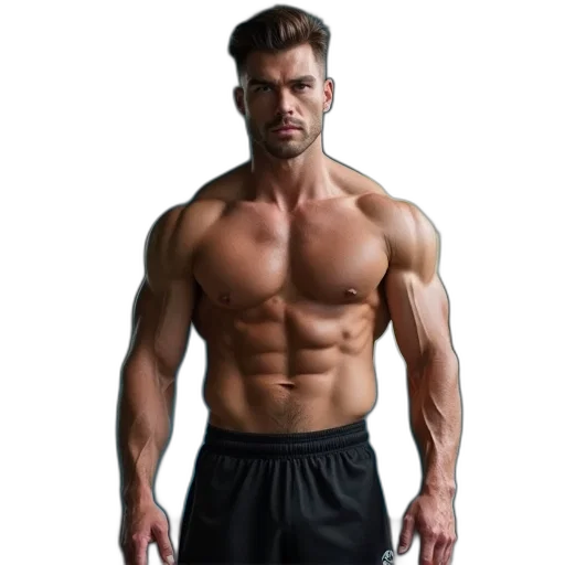 photorealistic, muscular, man, well-defined, physique, standing, gym, wearing transparent PNG cut-out