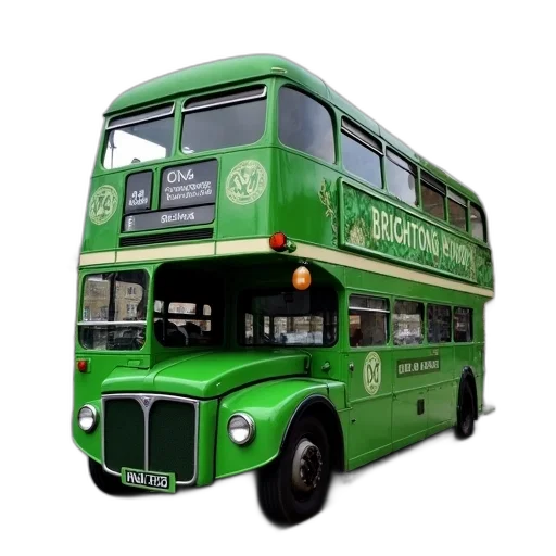 3d render, photorealistic, concept art, pixel art, green, double-decker, bus, parked transparent PNG cut-out