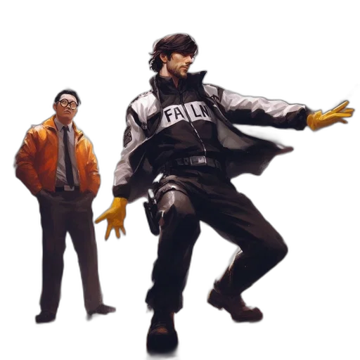 jacket, concept art, fire, two, men, stand, amidst, smoky transparent PNG cut-out