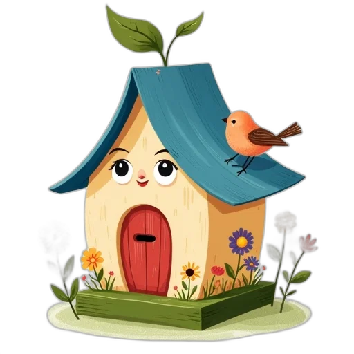 concept art, 3d render, whimsical, illustration, birdhouse, face, featuring, blue transparent PNG cut-out